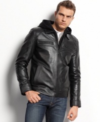 On the edge. Add some rebelliousness to your everyday style with this leather motorcycle jacket from Guess.