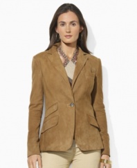 Supple suede creates the silhouette of a sleek one-button jacket, crafted with classic styling details for a modern take on a timeless piece from Lauren by Ralph Lauren.