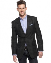 This dark slim fit blazer from Tommy Hilfiger adds to your nighttime allure with modern sizing and style.