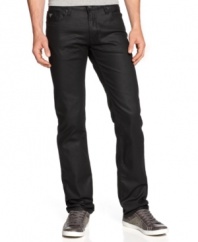 Not a shot in the dark. These coated denim jeans from Guess are a sure-fire pick for a perfect look for the bars.
