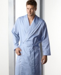 The perfect lightweight robe for lounging around. Belted style features shawl collar, embroidered logo on chest and front patch pockets below waist. Hits below the knee.