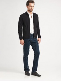 Extrafine wool shapes and defines this full-zip cardigan sweater that layers effortlessly over a classic woven shirt or a cotton tee.Two-way zip frontStand collarSide zip pocketsWoolDry cleanImported of Italian fabric