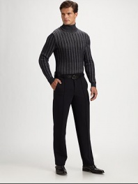 A handsomely crafted wool turtleneck sweater is defined by two-tone striping and ribbed knit detail.TurtleneckRibbed collar, cuffs and hemWoolDry cleanImported