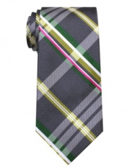 An energetic color palette lets this plaid tie from Ben Sherman wake up a charcoal gray world.