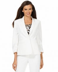 Nine West puts a chic spin on this suit separate, cropping the sleeves and adding ruched detail at the cuffs.