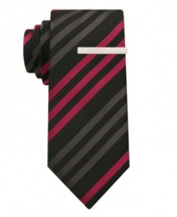 Shake up your ordinary stripes with the subtle sheen of this sophisticated Alfani skinny tie.