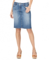 A sleek denim pencil skirt in a faded wash is essential for spring, by Kut from the Kloth.