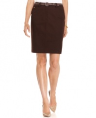Jones New York Signature's slim pencil skirt stays tailored with a removable braided belt. Pair it with heels for work or with sandals for the weekend!