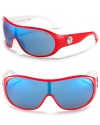 Sporty shield sunglasses with a wrap around silhouette and large logo with Olympic detail along arms.