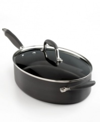 Pure genius-this sauté steps up your kitchen with a spacious oval base that accommodates menus of all sizes-from family gatherings to large dinner parties. The generous depth of this pan is ideal for frying chicken, searing salmon, crisping potatoes and more. A heavy-gauge, hard-anodized construction with Autograph® 2 nonstick guarantees a healthier, quicker and more precise approach to cooking. Lifetime warranty.