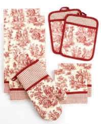 Come home to a kitchen full of personality and life. This set includes everything you need-cotton potholders, oven mitt, towels and dish cloths-to conquer the kitchen. The lively design brightens up your space and keeps style a part of every recipe.