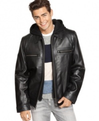 Ride into the weekend in sleek, rugged style when you zip up in this luxuriously soft leather jacket from Guess.