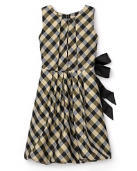 An all-over gold metallic sheen brightens the classic gingham print on this ABS Girls By Allen Schwartz dress with a sophisticated black tie bow at back.