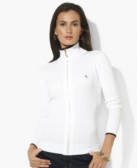 A classic cable knit lends heritage elegance to this full-zip mock turtleneck cardigan by Lauren by Ralph Lauren, rendered in soft combed cotton with signature embroidery for timeless style.