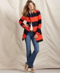Rugby-inspired stripes lend collegiate style to this chic Tommy Hilfiger jacket. Pair it with jeans for a look that's an instant classic.