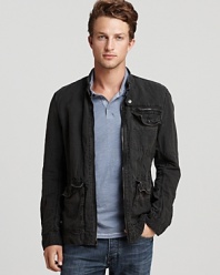 Crafted in lightweight linen for a relaxed, comfortable feel, this super-cool jacket has a wear-me-anytime vibe and rugged appeal with a little edginess to boot.