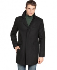 Put some sleek stagger in your step with the refined design of this warm wool melton walking coat from Kenneth Cole.