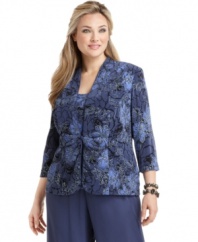 A floral print with chic metallic detail will be the highlight of your next special occasion! Pair this plus size jacket and cami with your favorite dressy pants or a long skirt for the next wedding or formal event on your calendar.
