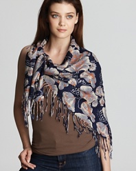 A stylish scarf featuring an elegant floral print and twisted fringe ends.