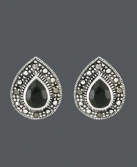 Button up your look in color that pops. Genevieve & Grace stud earrings feature beautiful, pear-cut onyx gemstones (4-6 mm) encircled by glittering marcasite. Crafted in sterling silver. Approximate diameter: 9/16 inch.