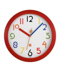 Lighten the mood of any room with this whimsical wall clock by Bulova, featuring an adaptation of Frank Lloyd Wright's Exhibition typeface, developed in the 1930s for use on exhibition drawings. Red plastic case houses white dial with multicolored numerals and hands.
