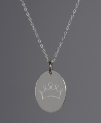 A necklace fit for a princess. This polished pendant features an oval shape with an engraved crown on the surface. Crafted in sterling silver. Approximate length: 18 inches. Approximate drop: 3/4 inch.