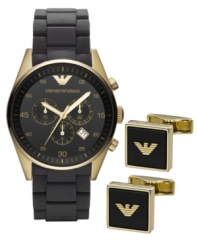 Don't settle for the basics. Go for the complete look with this handsome watch and cufflink set from Emporio Armani.