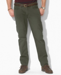 A casual pant is tailored from sun-faded mid-weight chino, designed for authentic five-pocket styling and a straight leg.