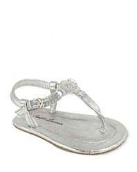 Centered on a RL engraved charm, this strappy sandal goes for the glam with a metallic-treated leather upper and footbed.