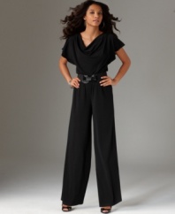 This breezy, well-draped jumpsuit by AGB features a relaxed stretch fit and a nipped-in belted waist for a feminine silhouette.