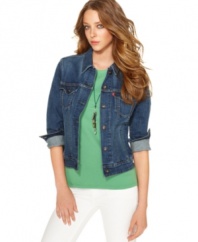 A classic denim jacket in a medium blue wash is an springtime essential, from Levi's. Wear it with anything from a flirty dress, to casual separates!