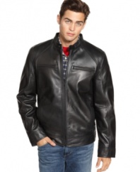 Just add a Harley. The sleek and smooth look of this genuine leather jacket from Guess works just as well off the hog.