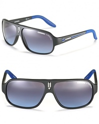 From Carrera, a two-tone wrap frame with medium-dark lenses and logos at the temples.