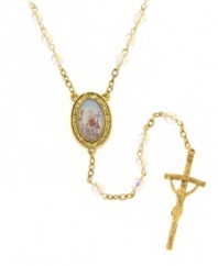 A traditional rosary with a papal theme. Design by Vatican features an oval-shaped centerpiece in tribute to Pope John Paul II. Chain, setting, and crucifix crafted in gold tone mixed metal with sparkling crystal accents. Approximate length: 24 inches. Approximate drop: 6-1/4 inches.