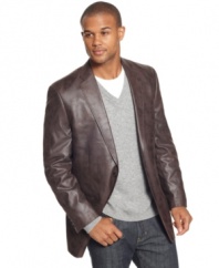 Mix it up with modern edge. This faux-leather blazer from Calvin Klein keeps it sleek.