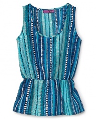 Boho chic with a structured cinch elastic waist, this top features an earthy print for trend cred.