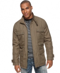 At ease. This laid-back lightweight jacket from Kenneth Cole Reaction borrows military styling but in a relaxed remix.