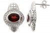 Sterling Silver Earrings With Bezeled Oval Red Garnet And White Topaz Pave