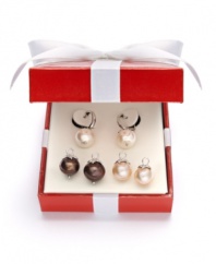 Give the gift of interchangeable style! This mix and match pearl earring set features pink, chocolate, and white cultured freshwater pearls (10 mm) accented by sparkling diamonds. Each pair fits easily onto a sterling silver hoop setting. Approximate drop: 1/2 inch. Wrapped & ready to give in a red gift box; while supplies last.