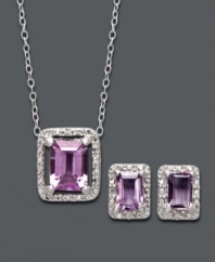 Let style and shine say it all in this majestic, matching jewelry set. Victoria Townsend pulls out all the stops with emerald-cut amethyst (2-3/4 ct. t.w.) accented by sparkling diamonds. Approximate necklace length: 18 inches. Approximate pendant drop: 1/2 inch. Approximate earring drop: 1/3 inch.