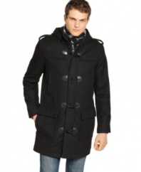 Gear up against the chill in the sleek, sophisticated style of this wool-blend toggle coat from Guess. (Clearance)