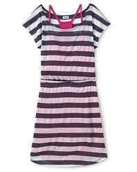 Pretty meets rough-and-tumble with this sporty-chic camisole dress featuring rugby stripes and a racerback underlay.