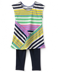 Splendid Littles' mixes up her stripey style with this cute top featuring overlapping stripe patterns and a flared hem that add depth and movement to her look. Paired with the solid leggings, it's a complete look she'll rock all season long.