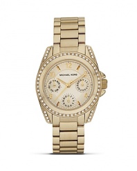 An elegant choice on duty or off. This gold-plated watch from MICHAEL Michael Kors boasts a boldly sized dial, advanced movement and glitzy, crystal bezel.