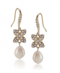 Lovely and ladylike, these earrings from Carolee feature dainty glass pearls and twinkling glass crystals embellishing a floral motif. Crafted in gold tone mixed metal. Approximate drop: 1-7/8 inches.
