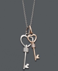 Double your happiness. Two trendy heart keys combine in this stylish pendant. Crafted in 14k rose gold and sterling silver, pendants each feature rows of sparkling, round-cut diamonds (1/10 ct. t.w.). Approximate length: 18 inches. Approximate drop: 1/2 inch.