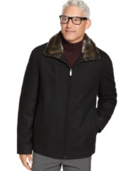 A faux fur collar adds a touch of plush polish to this sleek wool-blend jacket from Nautica, perfect for day-to-night, weekday or weekend.
