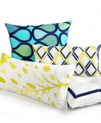 Trina Turk's Abstract decorative pillow features an ultra-modern teardrop pattern with embroidered details in vibrant blue and green tones. Zipper closure.