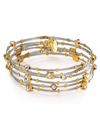 The Seasonal Whispers' girl loves to stack the brand's beautifully eclectic bracelets. This set is studded with clear Swarovski crystals and gold inserts, creating a cool textured statement.