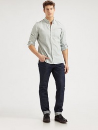 Slim-straight silhouette finished ina flawless, dark wash lend a polished finish to any casual wardrobe ensemble.Five-pocket styleInseam, about 33CottonMachine washMade in USA